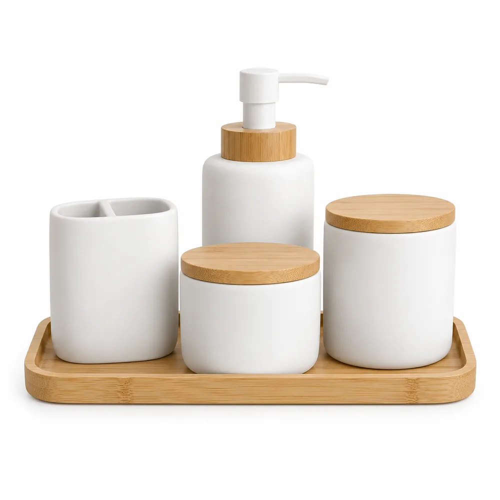 Kit Banheiro 5 Peças Bambu e Cerâmica